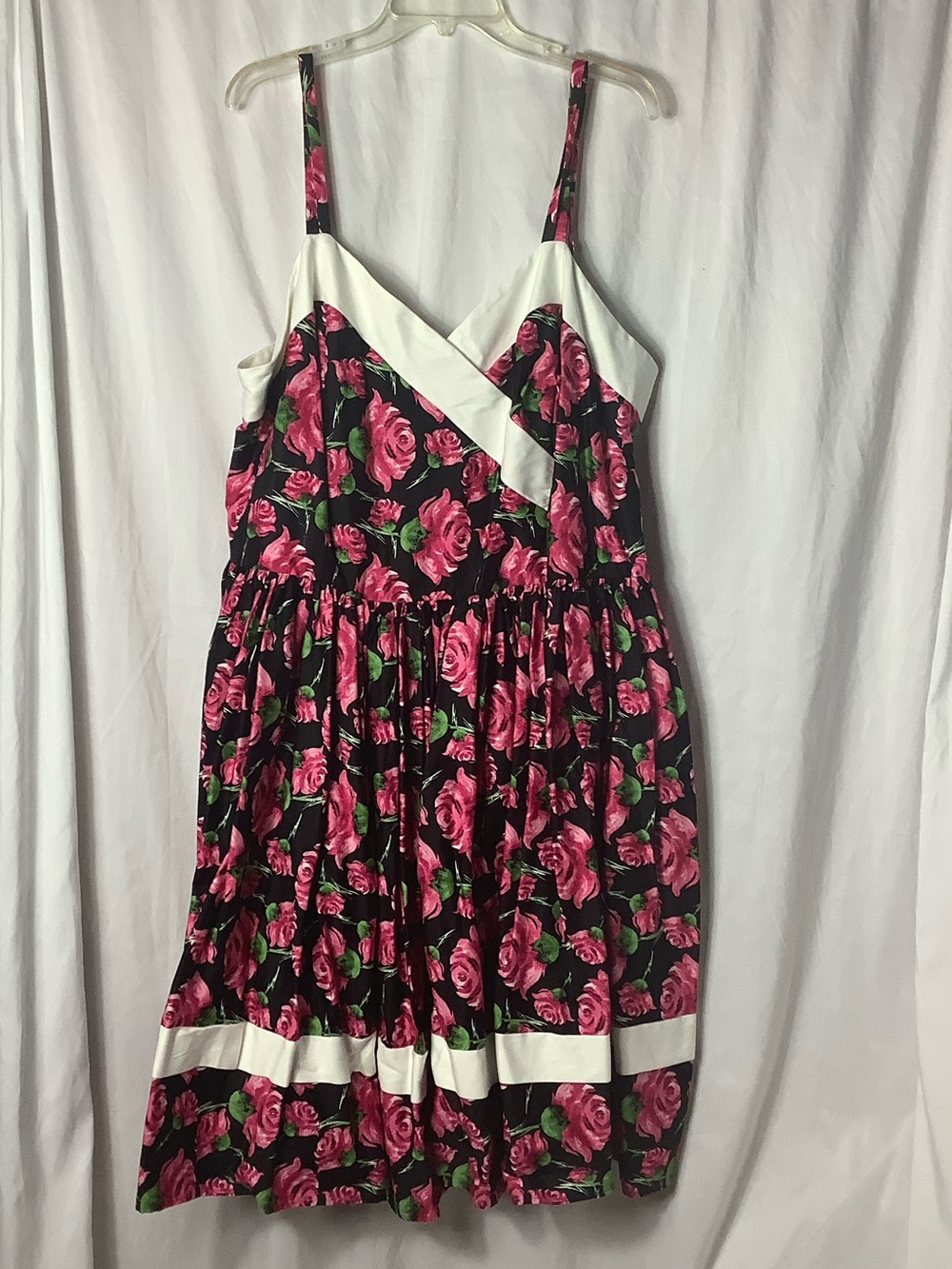 Unique Vintage Black Sundress with Pink Rose Print